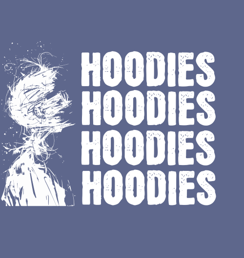 All blue back ground with an all white graphic of a person fading away by the ocean wind and hoodies written four times