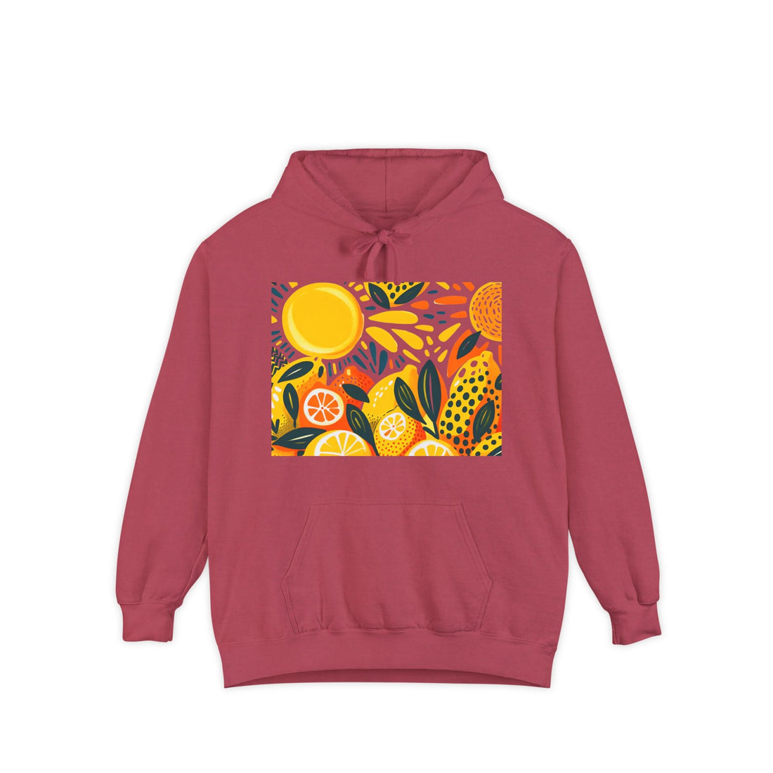 Red comfortable hoodie with lemon grove graphic on the front