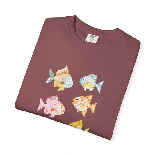 Red comfort color short sleeve t-shirt with 8 fish graphics on the front
