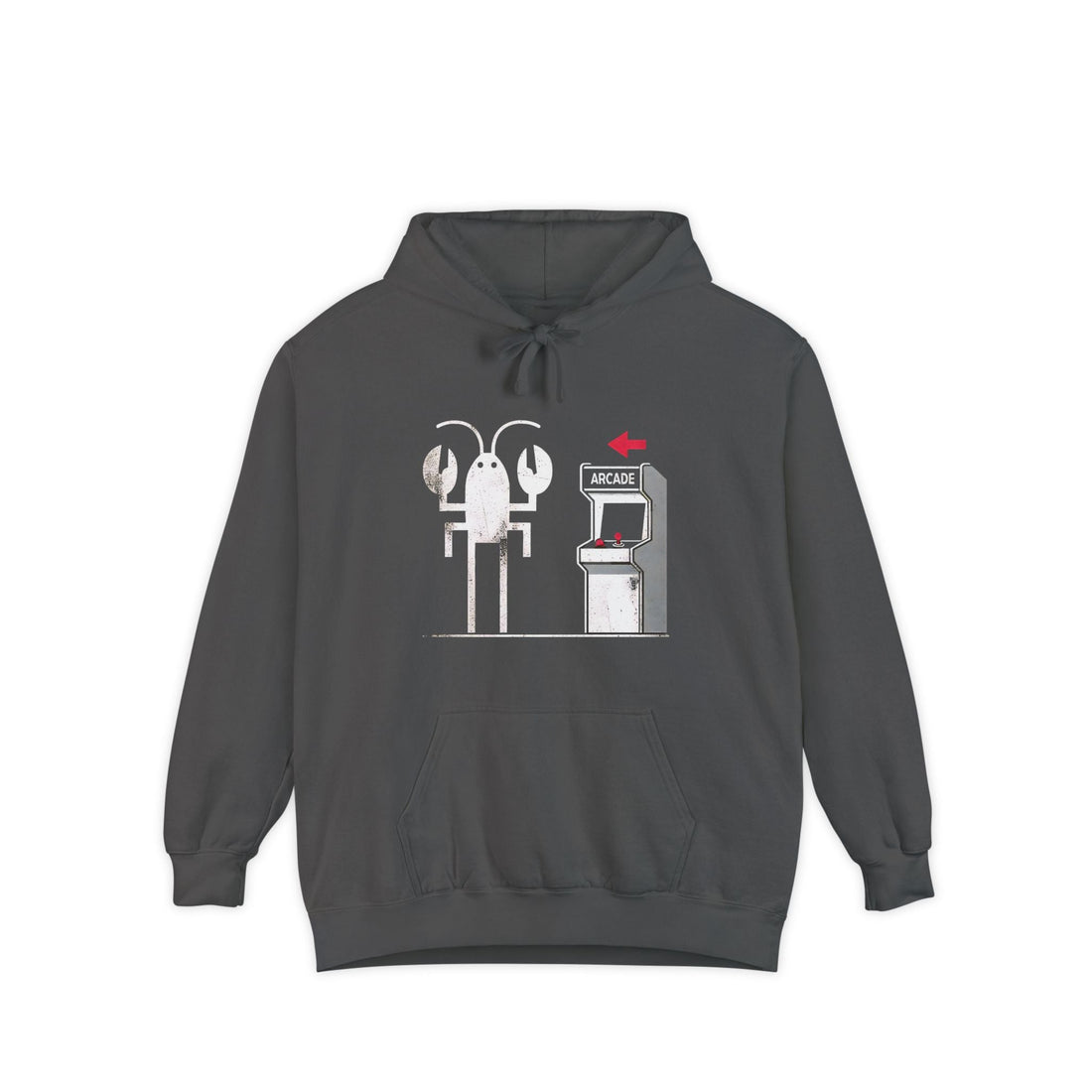 black hoodie with lobster arcade graphic on he front