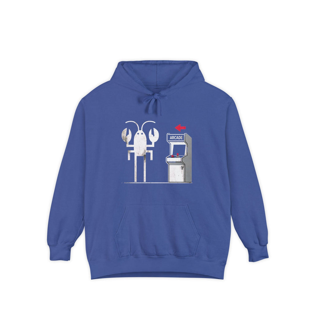blue hoodie wit lobster arcade on the front as a graphic