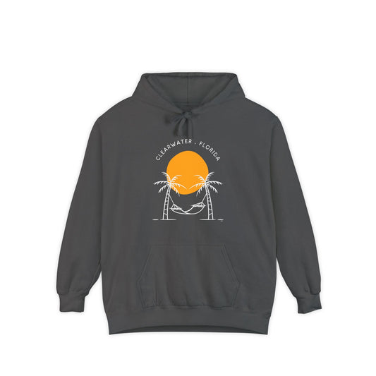 Charcoal comfort colors hoodies with the son on front with a few white palm trees
