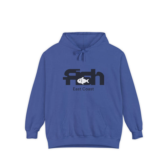 Blue comfort colors hoodie with FISH writte on the front with a snamll white fish