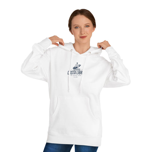 Female model wearing a white cotton hoodie with a costa libre in blue on the front.