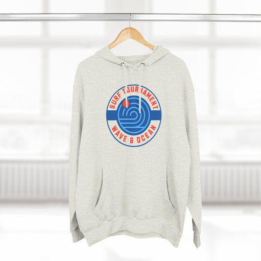 White Hoodie made with 100 percent cotton and a surf tournament logo on the front