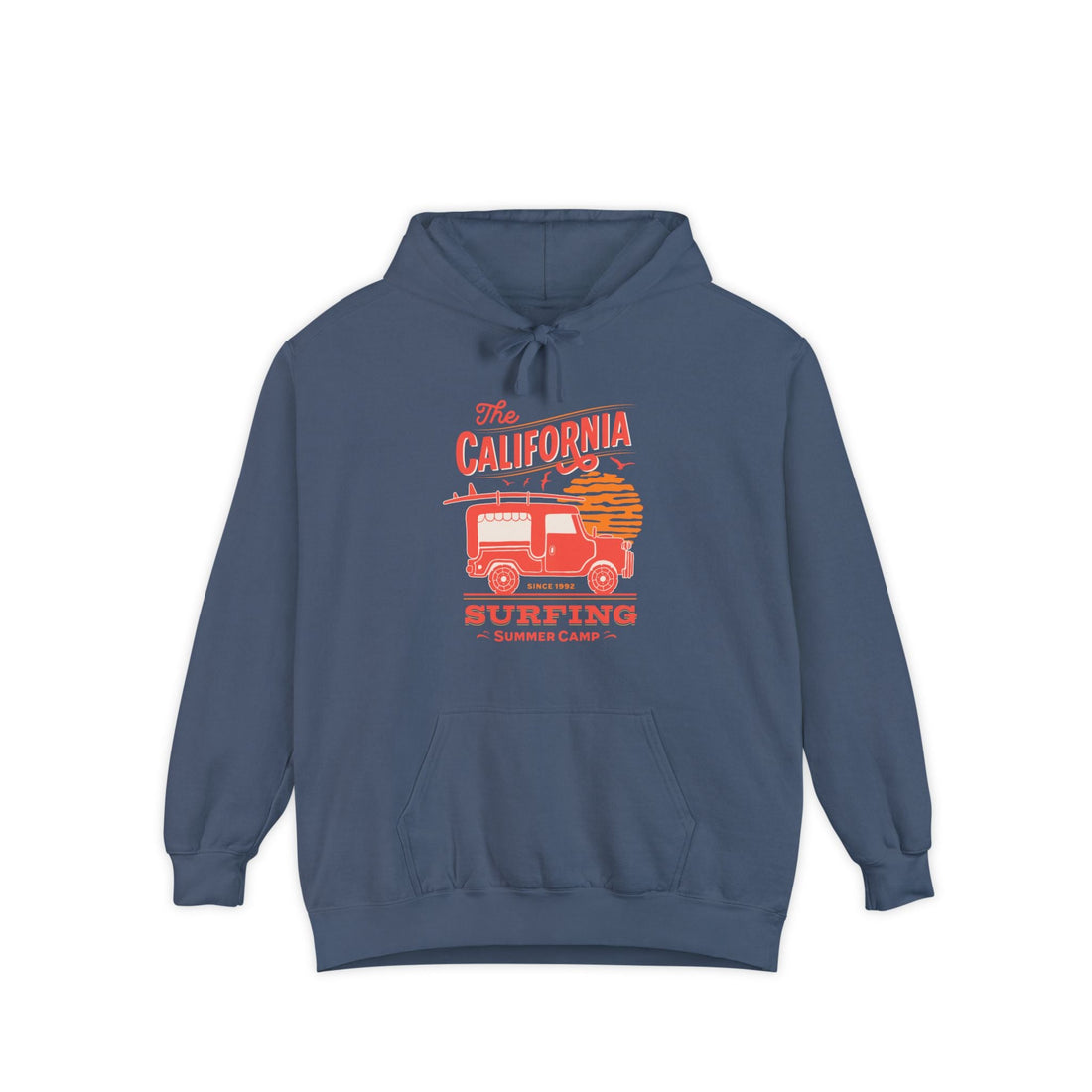 Best Soft Hoodie blue with California in red and a surfer van in red on the front