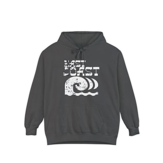 Soft 100% cotton black hoodie with east coast written in bold lettering wih a few wave designs underneath.