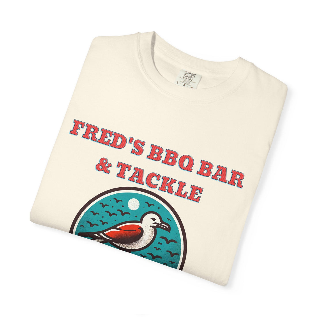 ivory short sleeve t-shirt with fred's bbq bar and tackle written on the front wit a pigeon graphic