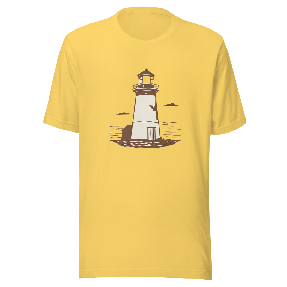Bella + Canvas yellow t-shirt with lighthouse graphic.