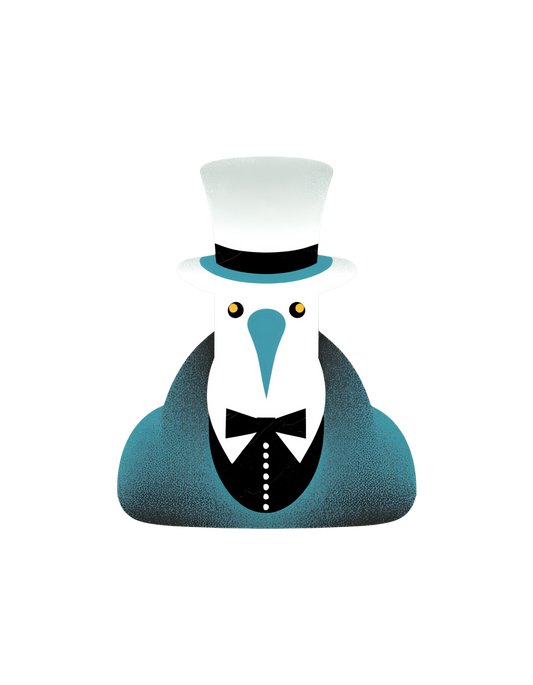 booby bird wearing a tuxedo and top hat