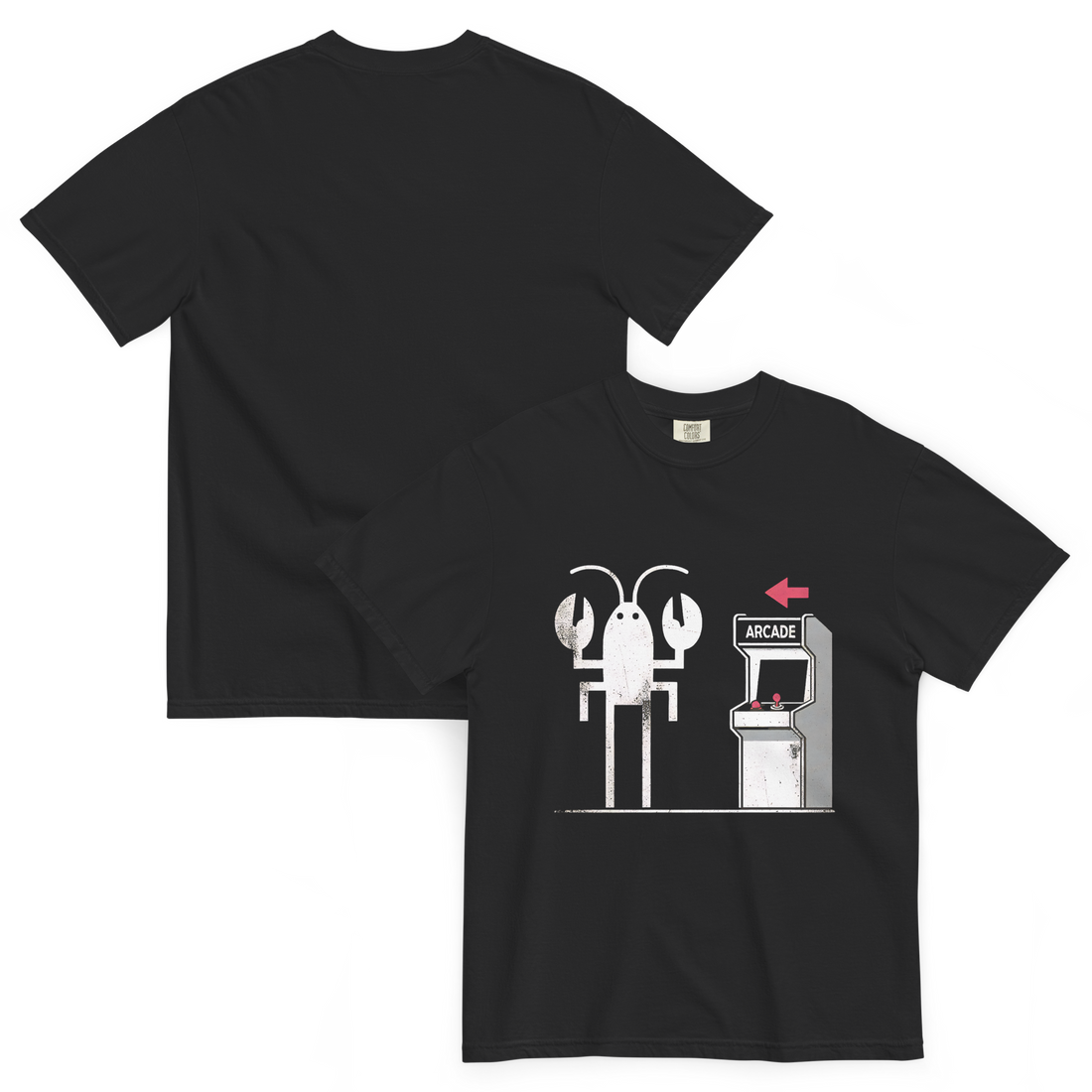 black t-shirt with lobster at an arcade machine graphic