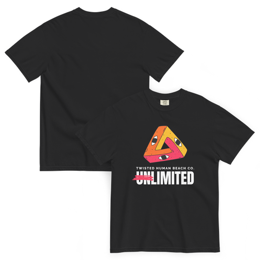 black short sleeve t-shirt with a geometric graphic on the front and the words unlimited written below the graphic image.