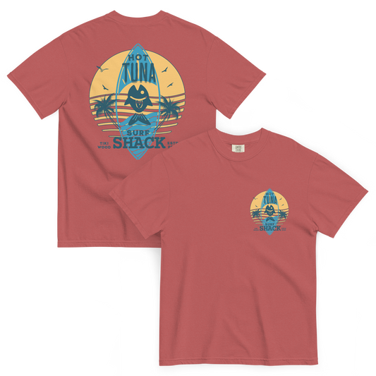 red 100 percen cotton t-sirt with a hot tuna graphic on the front in yellow.