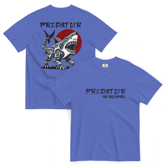 Soft cotton blue short sleeve t-shirt with a shark that has machine legs on the back with predator written and on the front predator is written