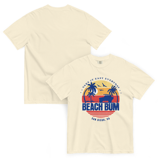 Short sleeve t-shirt with beach bum graphic in blue on the front