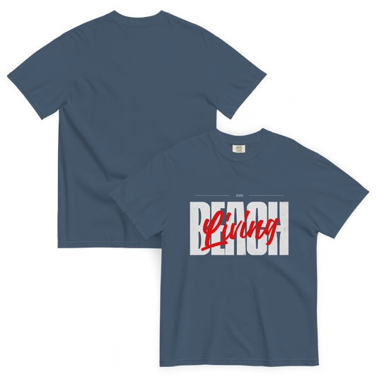 midnight blue t-shirt with Beach written boldly in white and living written in red in cursive.