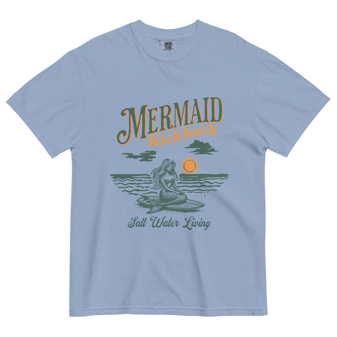 sky blue t-shirt with a mermaid graphic on the front