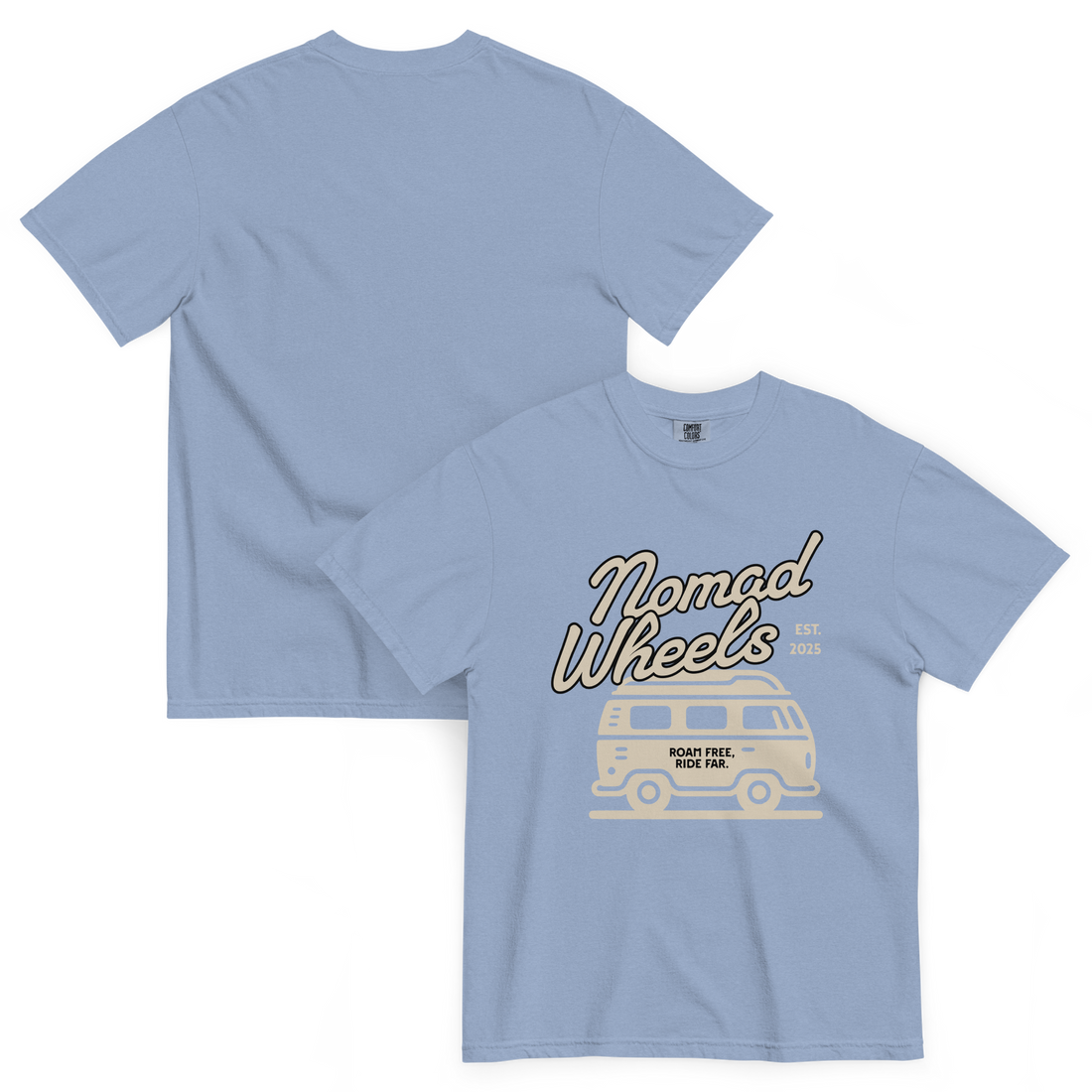 light blue t-shirt with nomad wheels graphic on the front