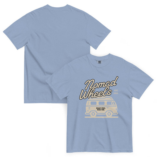 light blue t-shirt with nomad wheels graphic on the front