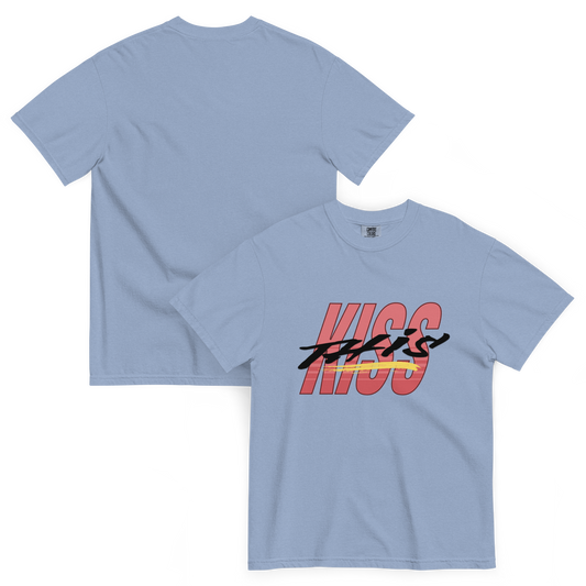 blue cotton short sleeve t-shirt with kiss written in red and this written in black on the front with a yellow underline