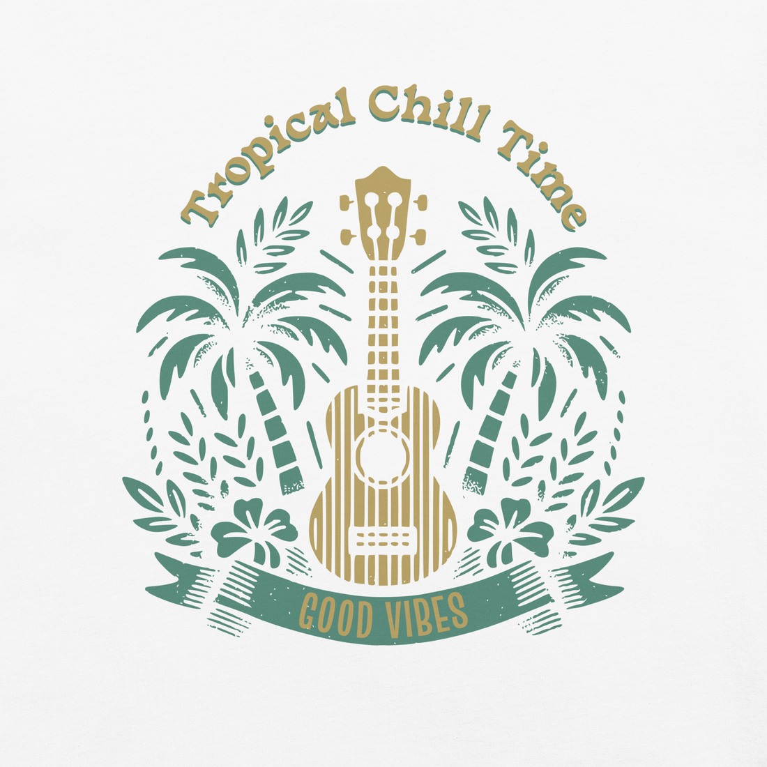 white t-shirt with tropical chill time graphic on the front