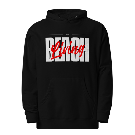 black hoodie with beach living graphic on the front
