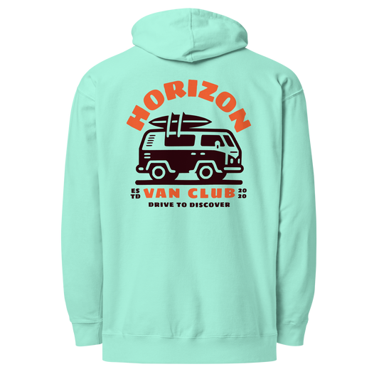green hoodie with Horizon can club graphic on the back
