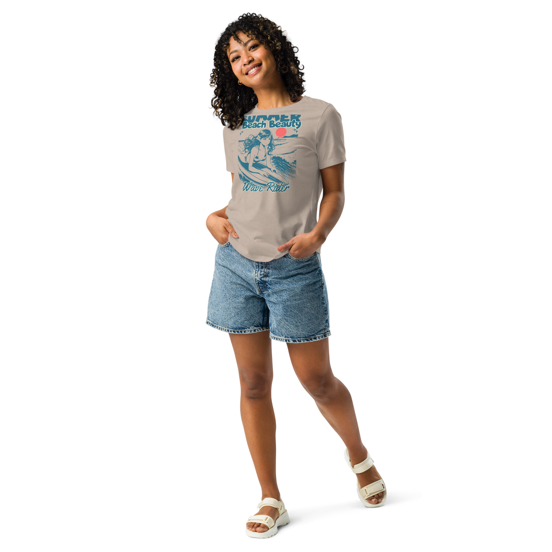 Womens gray t-shirt with a surfer chic on the front