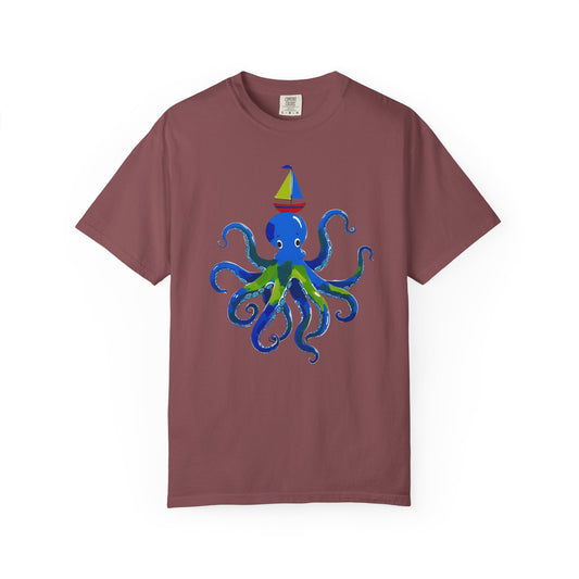 Octopus Emerges From The Ocean T-shirt, 100% Ring-Spun Garment-Dyed Cotton