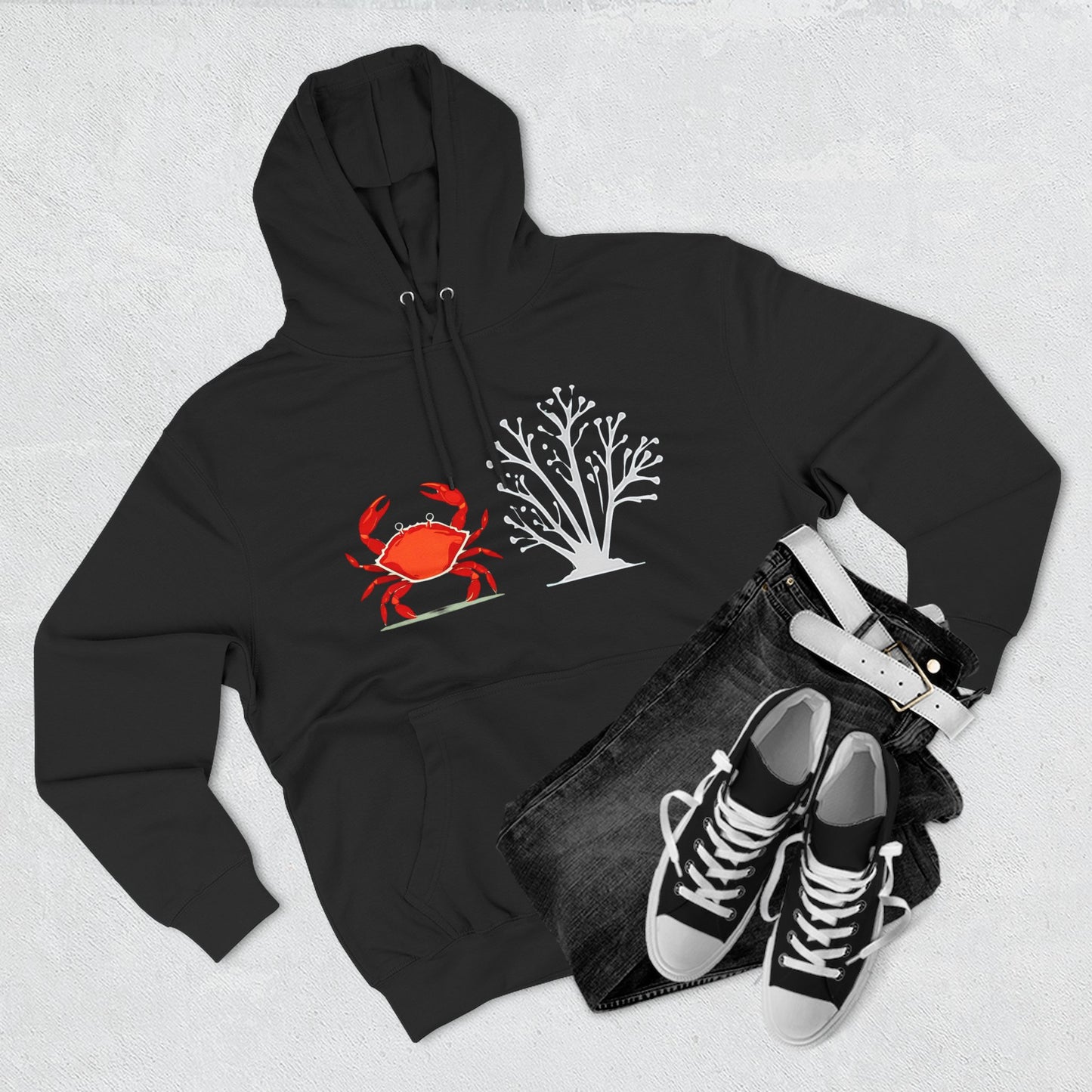 Crab & Coral Design Fleece Hoodie, Cozy Outdoor Apparel, Perfect Gift for Nature Lovers, Fall/Winter Wardrobe Essential, Unisex Casual Wear