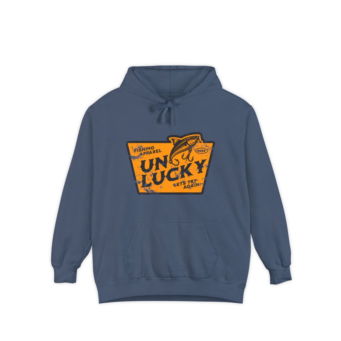 Unlucky Fishing Unisex Garment-Dyed Hoodie - Lucky Charm Design, Cozy Casualwear, Gift for Friends, Seasonal Fashion, Unique Streetwear