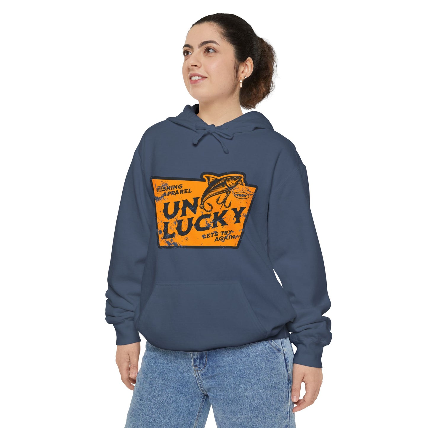 Unlucky Fishing Unisex Garment-Dyed Hoodie - Lucky Charm Design, Cozy Casualwear, Gift for Friends, Seasonal Fashion, Unique Streetwear