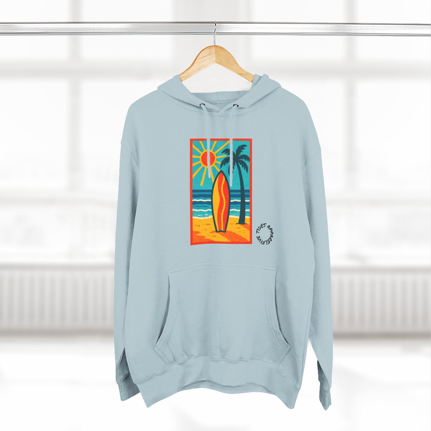 Tropic Surfboard Beach Hoodie — Colorful Coastal Sunset Graphic Pullover