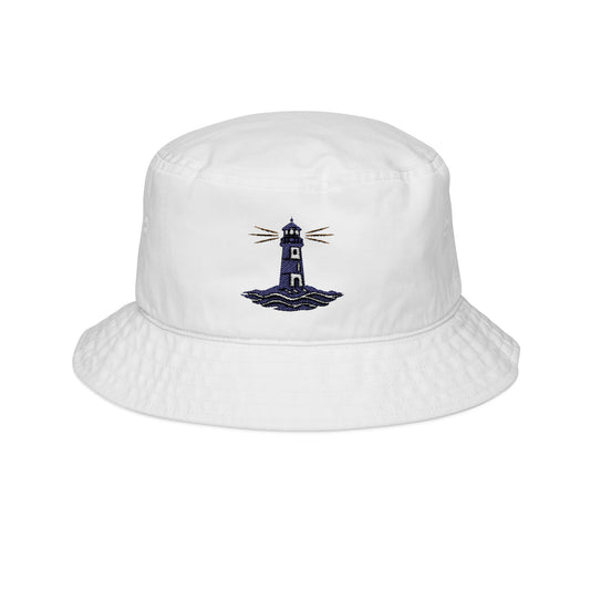 Embroidered Lighthouse Bucket Hat — Nautical Summer Beach Sun Cap