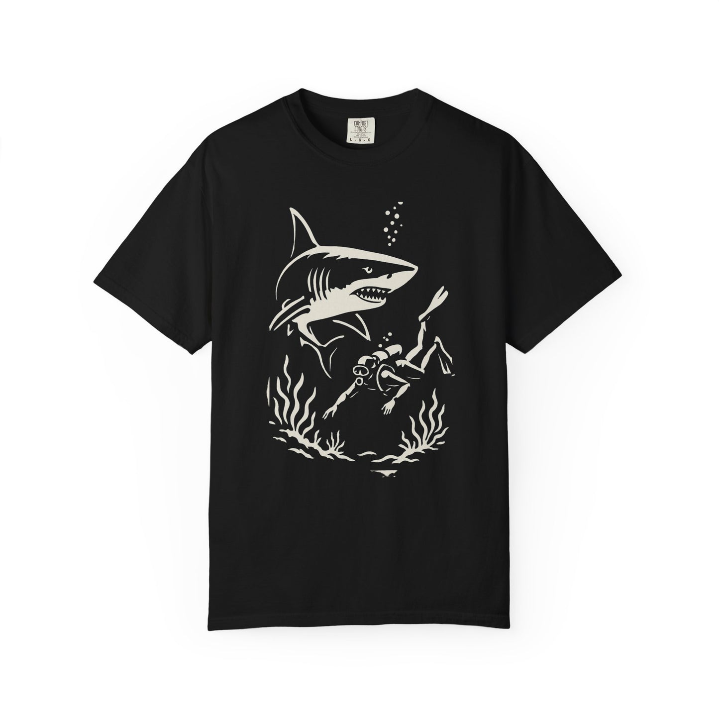 Shark Diver Garment-Dyed Graphic Tee, Ocean Lover Shirt, Beachwear for Him, Gift for Divers, Summer T-shirt, Adventure Apparel