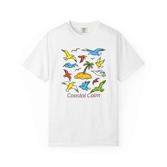 Coastal Calm Unisex Garment-Dyed T-shirt, Sea Birds Take Flight Graphic Summer Tee