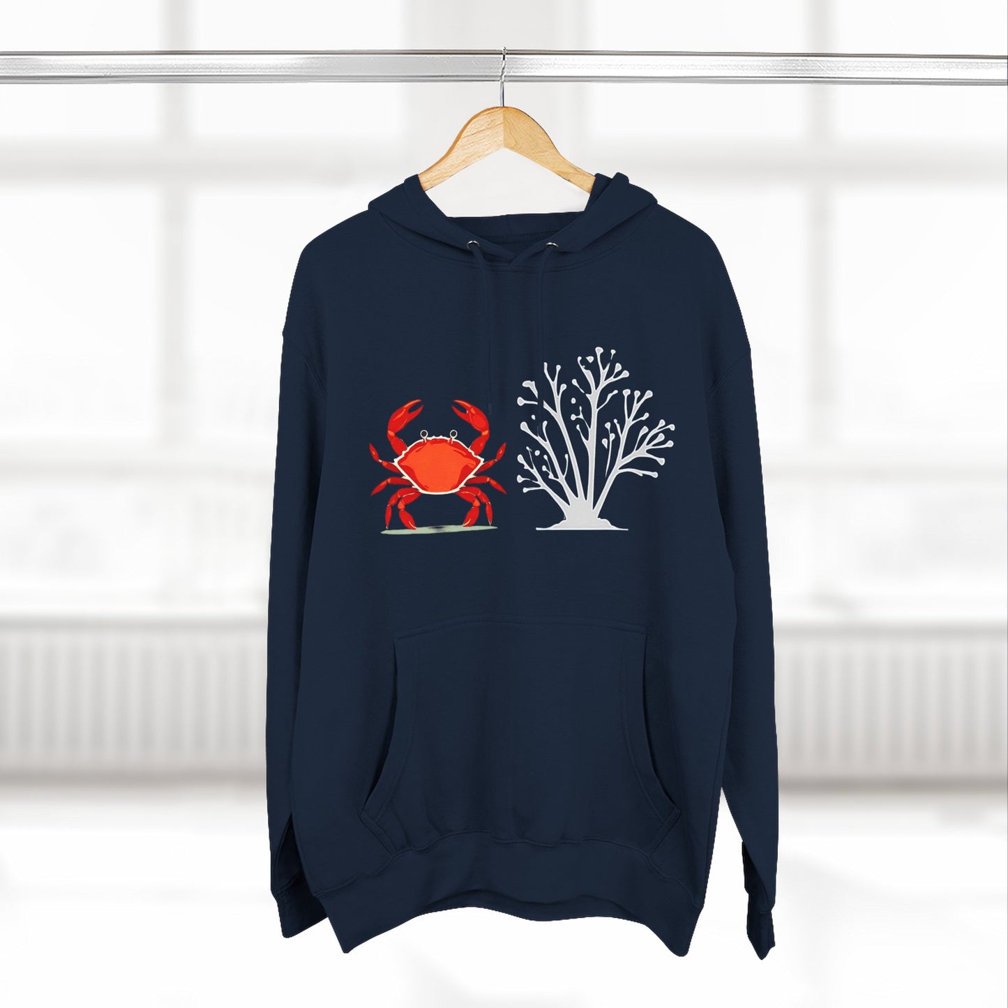 Crab & Coral Design Fleece Hoodie, Cozy Outdoor Apparel, Perfect Gift for Nature Lovers, Fall/Winter Wardrobe Essential, Unisex Casual Wear