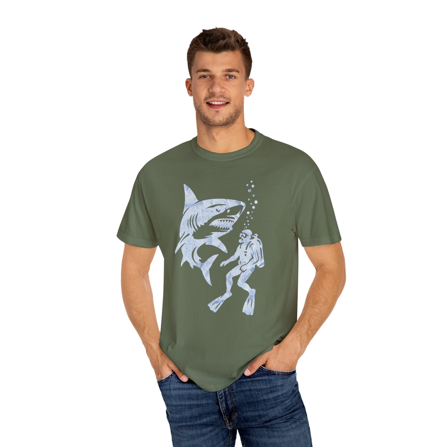 Shark Dive Unisex Garment-Dyed T-Shirt, Ocean Lover Gift, Adventure Enthusiast Shirt, Unique T-Shirt for Beach Days, Fun Diving Gift