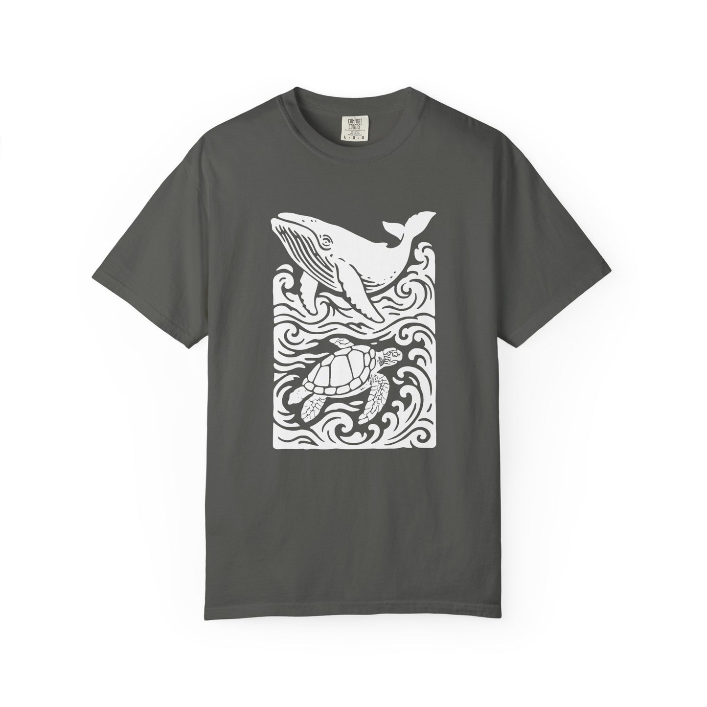 Ocean Life Garment-Dyed Graphic T-shirt - Whale & Turtle Design, Beachwear, Casual Style, Unisex Gift, Nature Lover Apparel