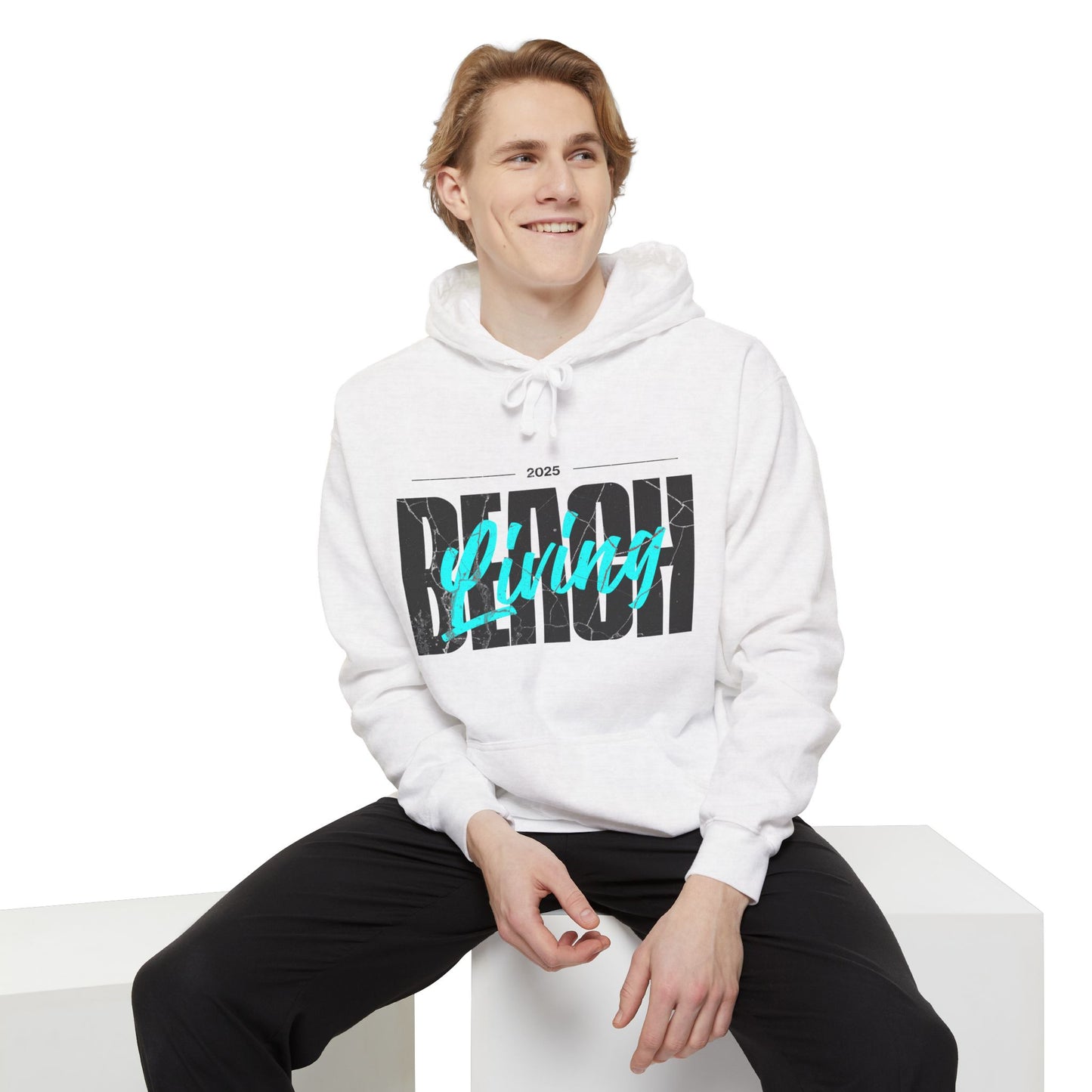 Beach Living Retro Vibes Unisex Garment-Dyed Hoodie, Casual Outdoor Wear, Summer Clothing, Beach Day Essentials, Perfect for Relaxation