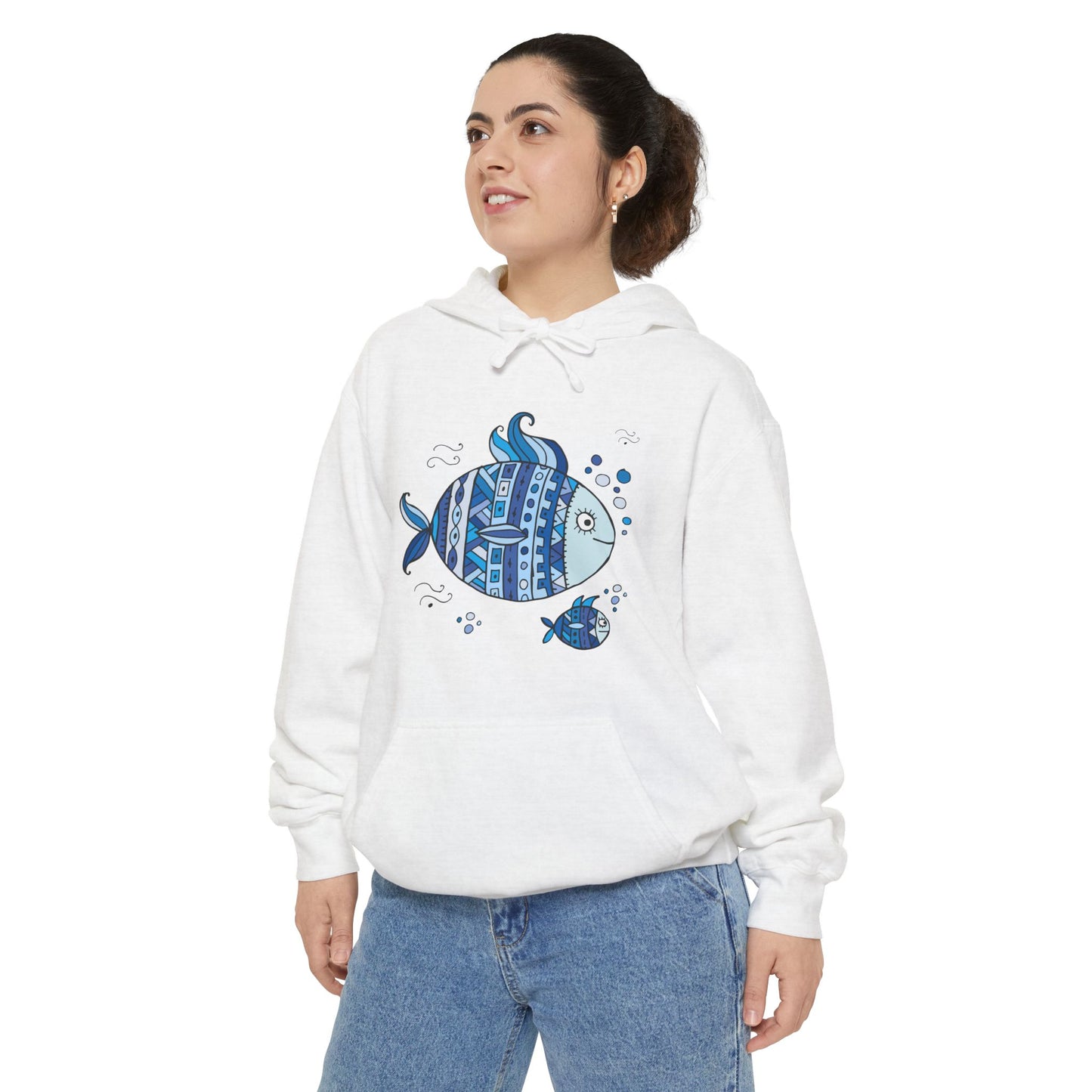 Two Fish Graphic Garment-Dyed Hoodie | Casual Wear, Gift Idea for Animal Lovers, Perfect for Beach Days, Summer Adventures, Relaxed Fit