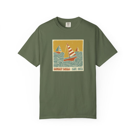 Sunset Sails Graphic Tee - Vintage Sailboat Travel Beach T-Shirt