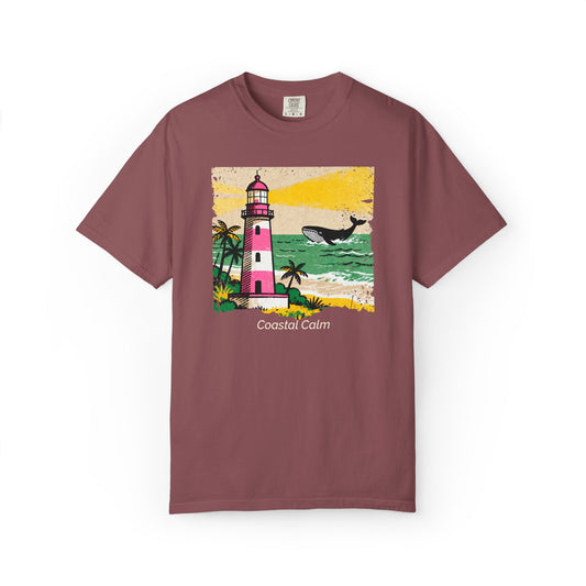 Coastal Calm Lighthouse T-Shirt — Whale & Palm Beach Style Cotton Graphic Tee