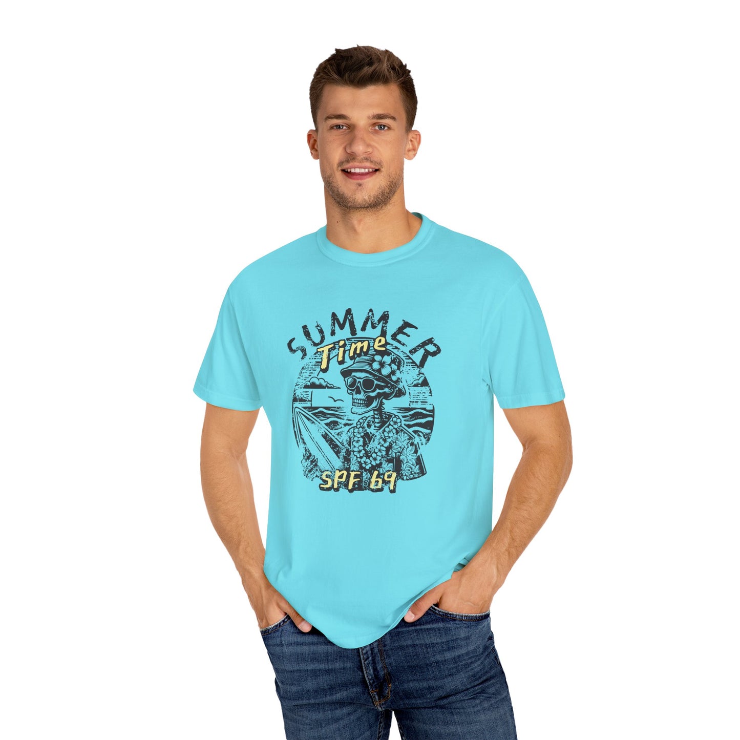 Summer Time SPF 69 Vibe T-shirt with Skeleton Graphic, Casual Tee, Beach Wear, Summer Clothes, Gift for Friends, Cool Shirt