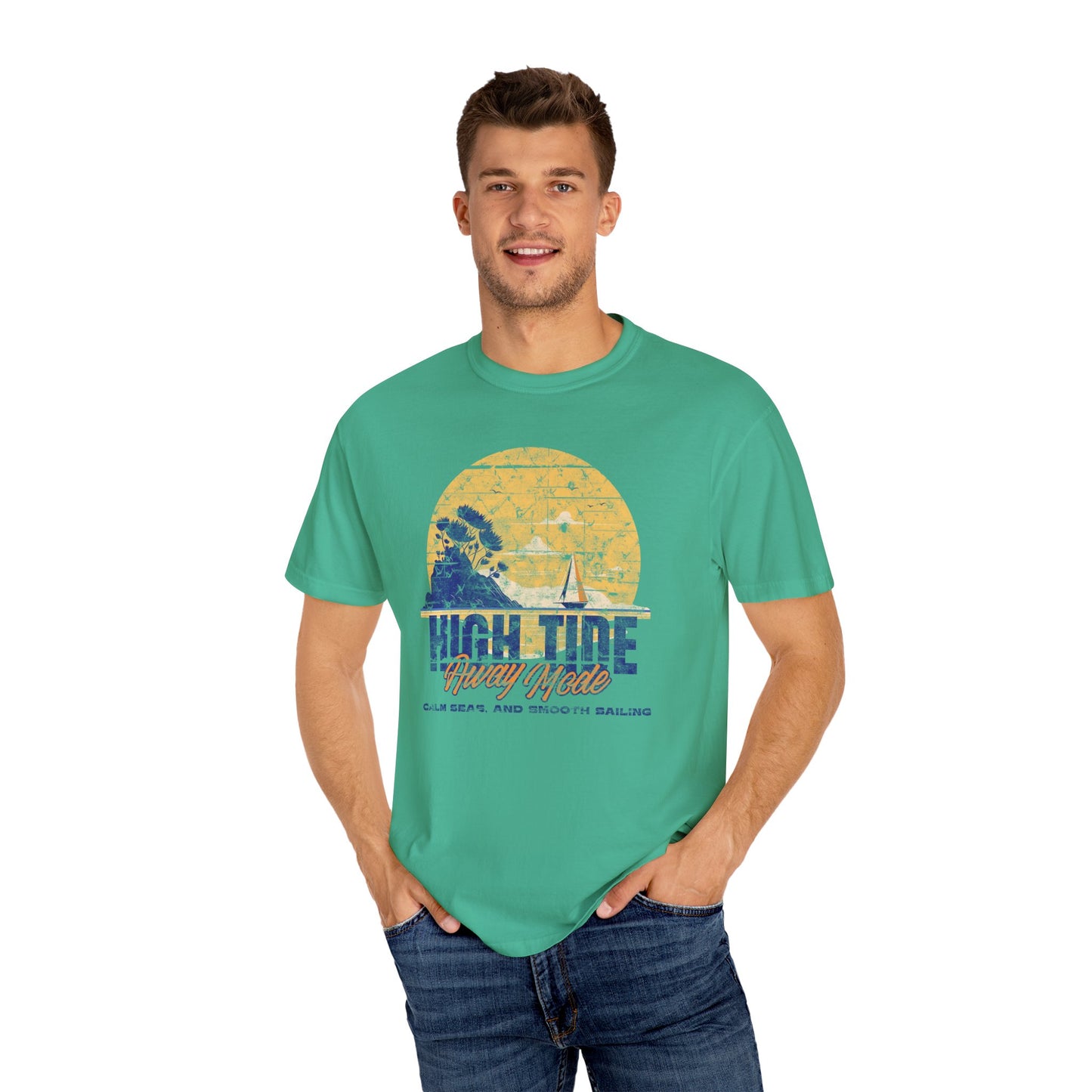 High Tide Sailing T-Shirt, Unisex Garment-Dyed Tee, Summer Vacation Shirt, Beach Vibe Apparel, Nautical Gift for Sailors