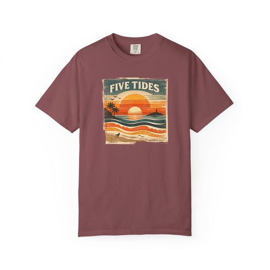 Five Tides Sunset Beach T-Shirt - Vintage Tidal Surf Graphic Tee