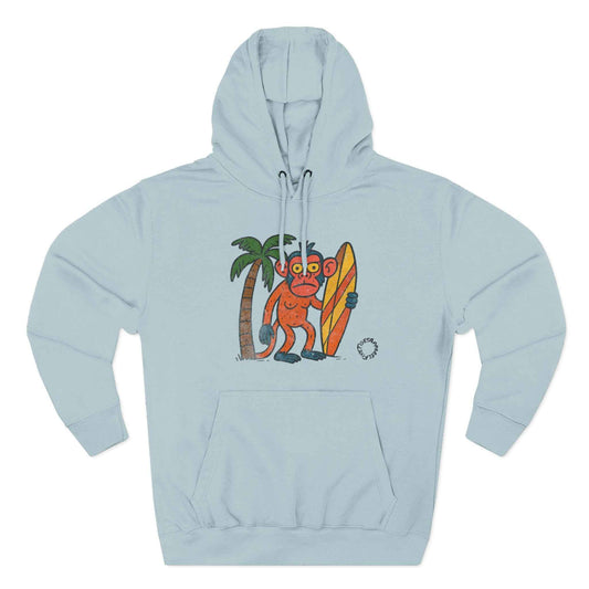 Beach Surfing Monkey Hoodie — Retro Beach Palm Tree Surfboard Graphic