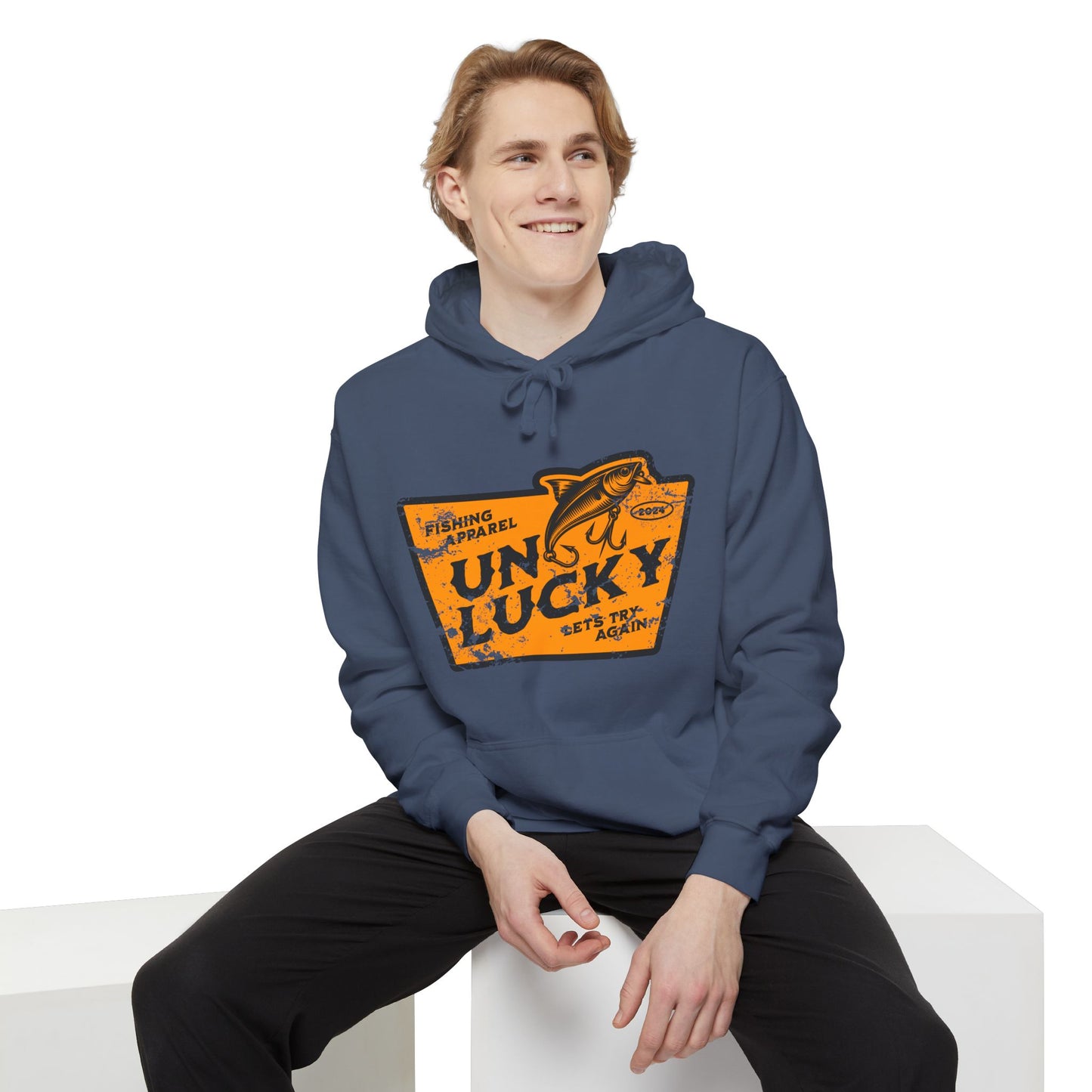 Unlucky Fishing Unisex Garment-Dyed Hoodie - Lucky Charm Design, Cozy Casualwear, Gift for Friends, Seasonal Fashion, Unique Streetwear