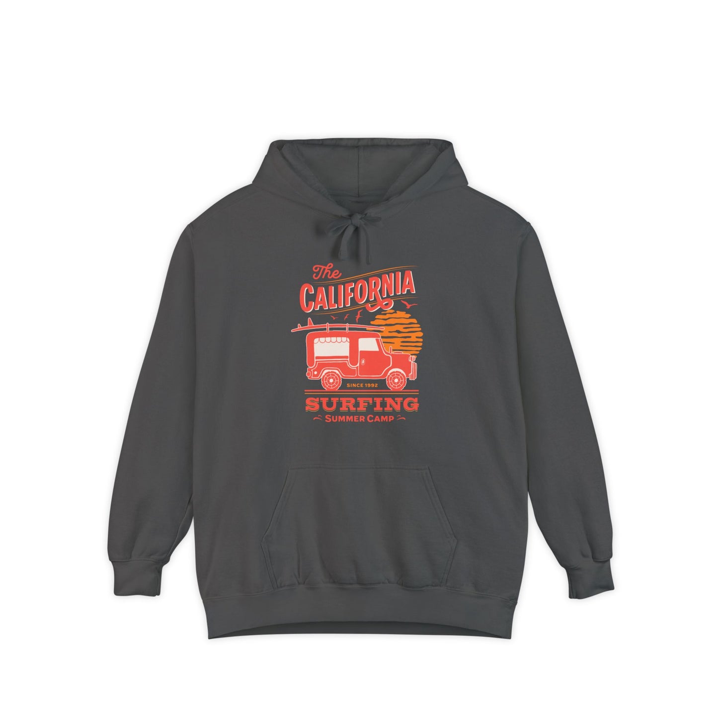 California Surfing Camp Unisex Hoodie, Cozy Beachwear, Summer Vibes, Perfect Gift for Surfers, Relaxed Casual Style, Hoodie for Outdoor