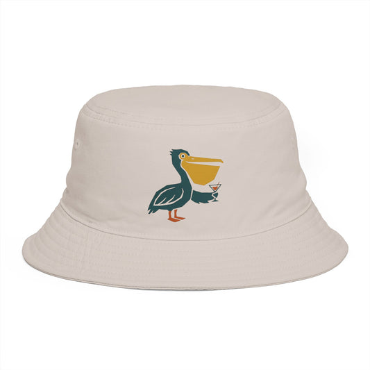 Pelican Cocktail Bucket Hat — Tropical Beach Sun Hat with Cartoon Pelican and Drink